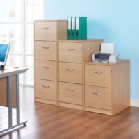 Wooden 4 drawer filing cabinet with silver handles 1360mm high - oak