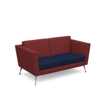 Lyric reception chair two seater with metal legs 1450mm wide - maturity blue seat and arms with extent red back