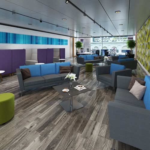 Lyric reception chair two seater with metal legs 1450mm wide - maturity blue seat and arms with extent red back