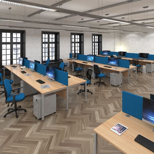 Maestro 25 back to back straight desks 1200mm x 1600mm - silver bench leg frame and beech top