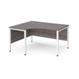 Maestro 25 left hand ergonomic desk 1400mm wide - white bench leg frame and grey oak top