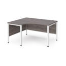 Maestro 25 left hand ergonomic desk 1400mm wide - white bench leg frame and grey oak top