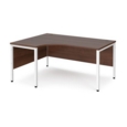 Maestro 25 left hand ergonomic desk 1600mm wide - white bench leg frame and walnut top