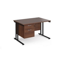Maestro 25 straight desk 1200mm x 800mm with 2 drawer pedestal - black cantilever leg frame and walnut top