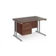 Maestro 25 straight desk 1200mm x 800mm with 2 drawer pedestal - silver cantilever leg frame and walnut top