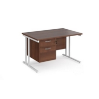 Maestro 25 straight desk 1200mm x 800mm with 2 drawer pedestal - white cantilever leg frame and walnut top