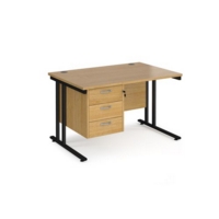 Maestro 25 straight desk 1200mm x 800mm with 3 drawer pedestal - black cantilever leg frame and oak top