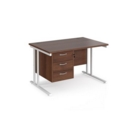 Maestro 25 straight desk 1200mm x 800mm with 3 drawer pedestal - white cantilever leg frame and walnut top