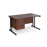 Maestro 25 straight desk 1400mm x 800mm with 2 drawer pedestal - black cantilever leg frame and walnut top