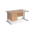 Maestro 25 straight desk 1400mm x 800mm with 2 drawer pedestal - silver cantilever leg frame and beech top