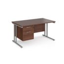 Maestro 25 straight desk 1400mm x 800mm with 2 drawer pedestal - silver cantilever leg frame and walnut top