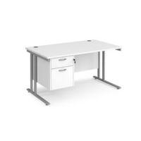Maestro 25 straight desk 1400mm x 800mm with 2 drawer pedestal - silver cantilever leg frame and white top