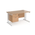 Maestro 25 straight desk 1400mm x 800mm with 2 drawer pedestal - white cantilever leg frame and beech top