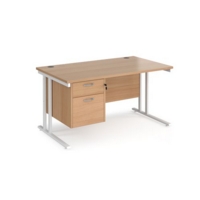 Maestro 25 straight desk 1400mm x 800mm with 2 drawer pedestal - white cantilever leg frame and beech top