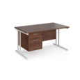Maestro 25 straight desk 1400mm x 800mm with 2 drawer pedestal - white cantilever leg frame and walnut top