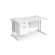Maestro 25 straight desk 1400mm x 800mm with 2 drawer pedestal - white cantilever leg frame and white top