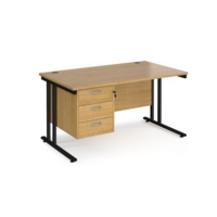 Maestro 25 straight desk 1400mm x 800mm with 3 drawer pedestal - black cantilever leg frame and oak top