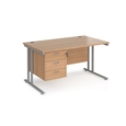 Maestro 25 straight desk 1400mm x 800mm with 3 drawer pedestal - silver cantilever leg frame and beech top