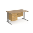 Maestro 25 straight desk 1400mm x 800mm with 3 drawer pedestal - silver cantilever leg frame and oak top