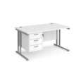 Maestro 25 straight desk 1400mm x 800mm with 3 drawer pedestal - silver cantilever leg frame and white top