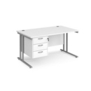 Maestro 25 straight desk 1400mm x 800mm with 3 drawer pedestal - silver cantilever leg frame and white top