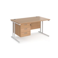 Maestro 25 straight desk 1400mm x 800mm with 3 drawer pedestal - white cantilever leg frame and beech top