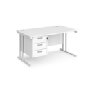 Maestro 25 straight desk 1400mm x 800mm with 3 drawer pedestal - white cantilever leg frame and white top