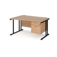 Maestro 25 left hand wave desk 1400mm wide with 2 drawer pedestal - black cantilever leg frame and beech top