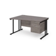 Maestro 25 left hand wave desk 1400mm wide with 2 drawer pedestal - black cantilever leg frame and grey oak top