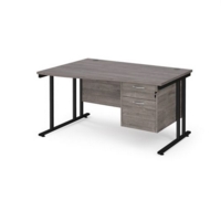 Maestro 25 left hand wave desk 1400mm wide with 2 drawer pedestal - black cantilever leg frame and grey oak top