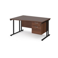 Maestro 25 left hand wave desk 1400mm wide with 2 drawer pedestal - black cantilever leg frame and walnut top