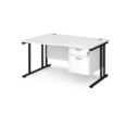 Maestro 25 left hand wave desk 1400mm wide with 2 drawer pedestal - black cantilever leg frame and white top