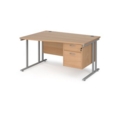 Maestro 25 left hand wave desk 1400mm wide with 2 drawer pedestal - silver cantilever leg frame and beech top