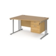 Maestro 25 left hand wave desk 1400mm wide with 2 drawer pedestal - silver cantilever leg frame and oak top