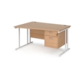 Maestro 25 left hand wave desk 1400mm wide with 2 drawer pedestal - white cantilever leg frame and beech top