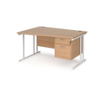 Maestro 25 left hand wave desk 1400mm wide with 2 drawer pedestal - white cantilever leg frame and beech top