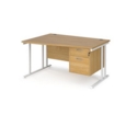Maestro 25 left hand wave desk 1400mm wide with 2 drawer pedestal - white cantilever leg frame and oak top