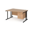 Maestro 25 left hand wave desk 1400mm wide with 3 drawer pedestal - black cantilever leg frame and beech top