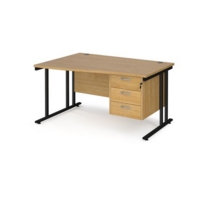 Maestro 25 left hand wave desk 1400mm wide with 3 drawer pedestal - black cantilever leg frame and oak top
