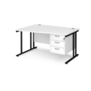 Maestro 25 left hand wave desk 1400mm wide with 3 drawer pedestal - black cantilever leg frame and white top