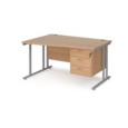 Maestro 25 left hand wave desk 1400mm wide with 3 drawer pedestal - silver cantilever leg frame and beech top