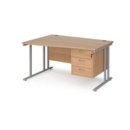 Maestro 25 left hand wave desk 1400mm wide with 3 drawer pedestal - silver cantilever leg frame and beech top