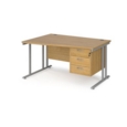 Maestro 25 left hand wave desk 1400mm wide with 3 drawer pedestal - silver cantilever leg frame and oak top