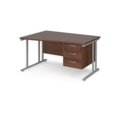 Maestro 25 left hand wave desk 1400mm wide with 3 drawer pedestal - silver cantilever leg frame and walnut top