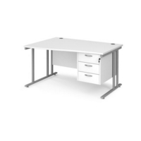 Maestro 25 left hand wave desk 1400mm wide with 3 drawer pedestal - silver cantilever leg frame and white top