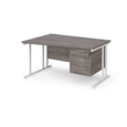 Maestro 25 left hand wave desk 1400mm wide with 3 drawer pedestal - white cantilever leg frame and grey oak top