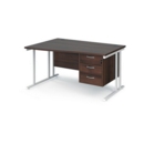 Maestro 25 left hand wave desk 1400mm wide with 3 drawer pedestal - white cantilever leg frame and walnut top