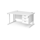 Maestro 25 left hand wave desk 1400mm wide with 3 drawer pedestal - white cantilever leg frame and white top