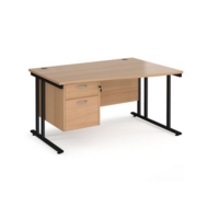Maestro 25 right hand wave desk 1400mm wide with 2 drawer pedestal - black cantilever leg frame and beech top