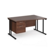 Maestro 25 right hand wave desk 1400mm wide with 2 drawer pedestal - black cantilever leg frame and walnut top